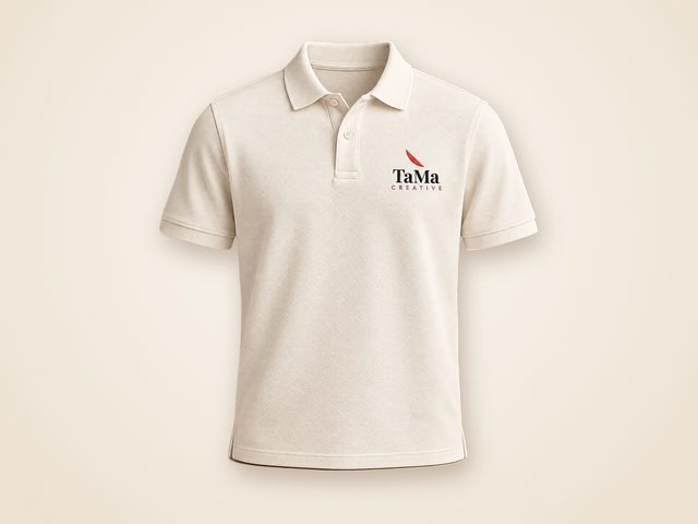 Mockup ilustrativo: camisa polo branco com a marca TaMa
