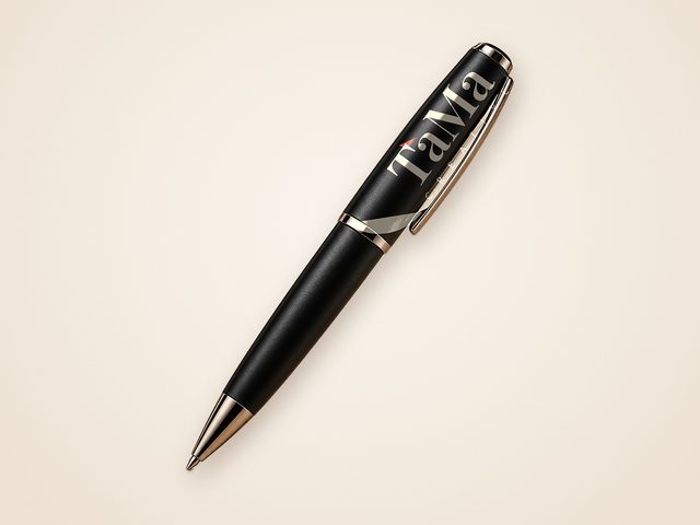 Mockup ilustrativo: caneta executiva de metal preto com a marca TaMa