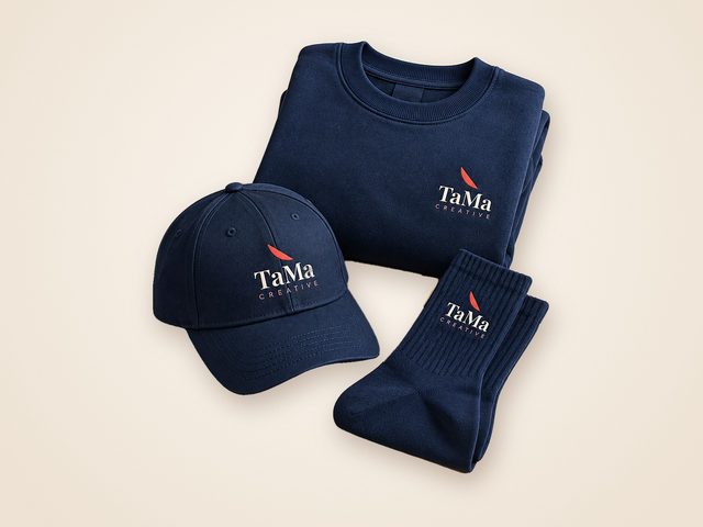 Mockup ilustrativo: itens do kit equipe com a marca TaMa