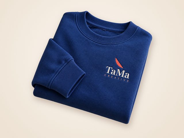 Mockup ilustrativo: moletom careca azul com a marca TaMa
