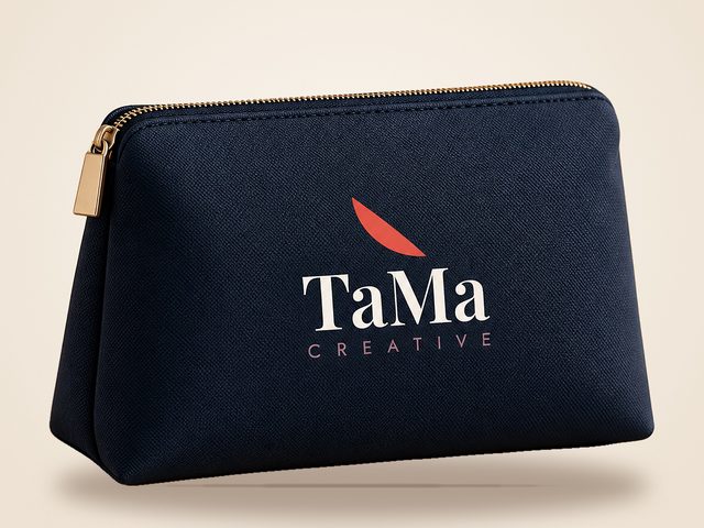 Mockup ilustrativo: nécessaire marinho com a marca TaMa