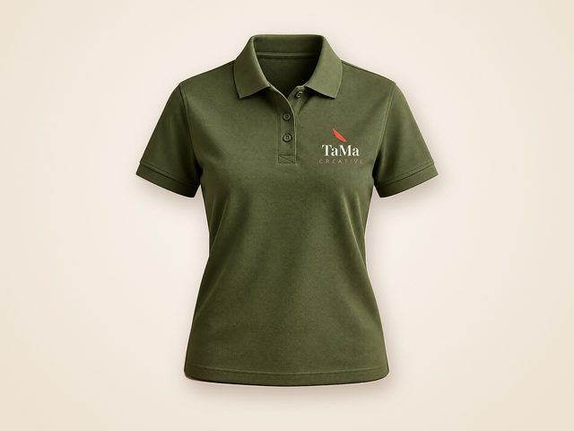 Mockup ilustrativo: camisa polo feminina verde-oliva com a marca TaMa