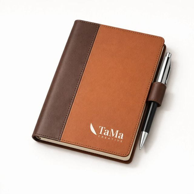 Agenda caramelo com faixa vertical café e caneta presa na alça, com a marca TaMa em branco na capa.