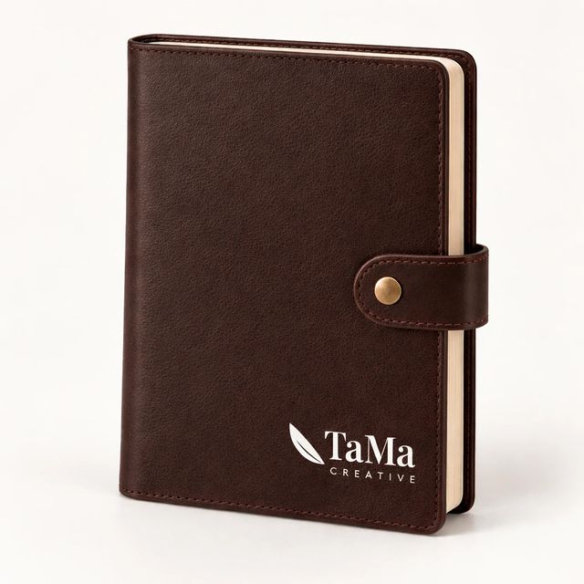 Agenda com capa e fecho de pressão, na cor café, com a marca TaMa na capa.