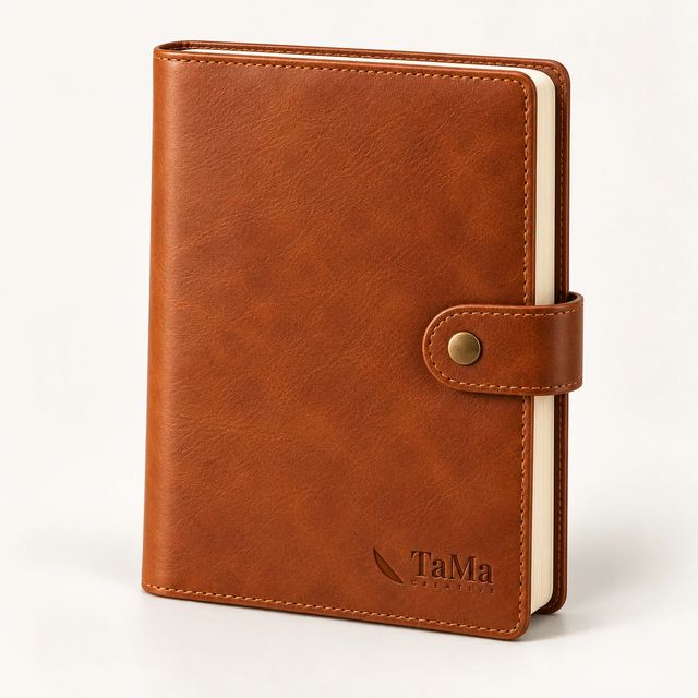 Agenda com capa em couro caramelo, fecho de pressão e a marca TaMa em baixo-relevo.