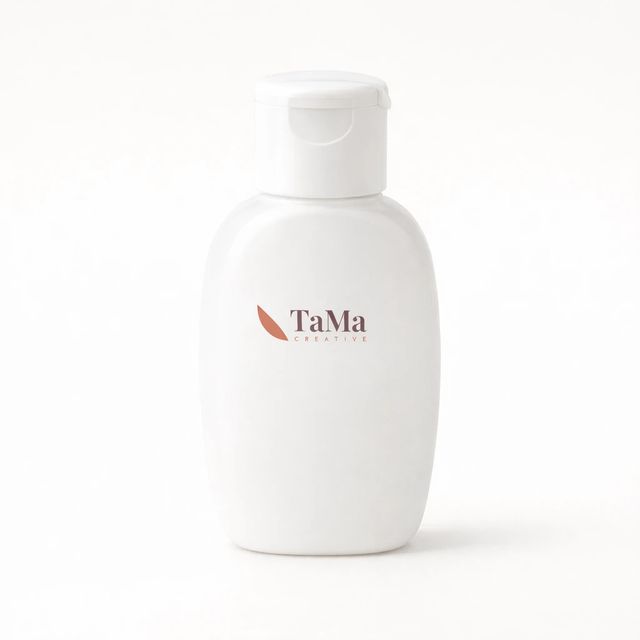 Frasco pequeno branco com tampa flip, com a marca TaMa nas cores oficiais na frente.