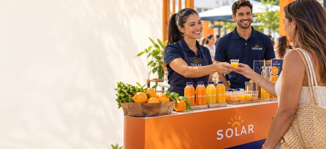 Degustação de suco de laranja num estande ao ar livre: promotora e promotor de polo e avental azul-marinho com a marca fictícia Solar servem um copo a uma cliente, com garrafas, laranjas e o balcão laranja com a marca.