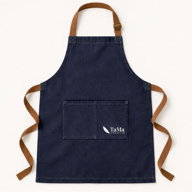 Avental com alças caramelo e bolso duplo, na cor azul-marinho, com a marca TaMa no bolso.