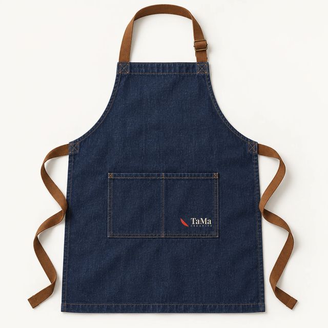 Avental jeans com alças caramelo e a marca TaMa aplicada no bolso.