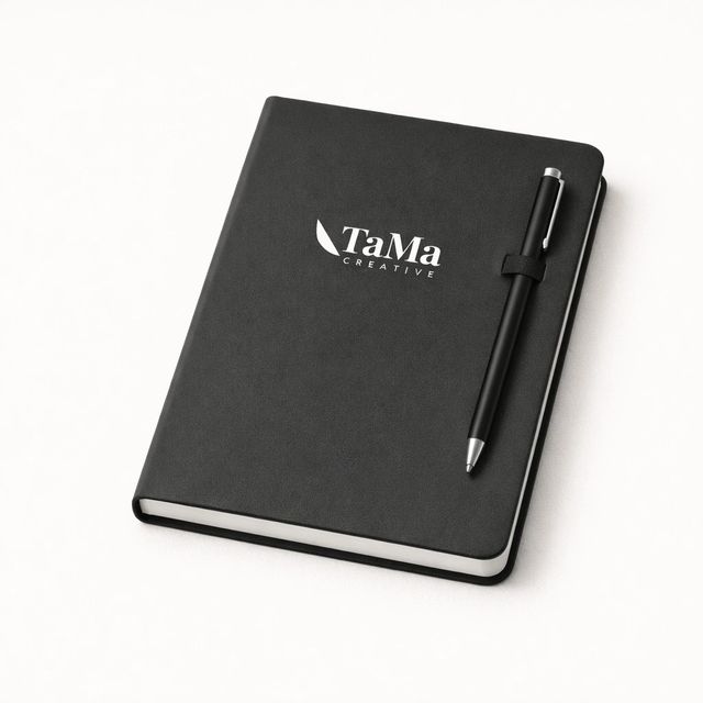 Bloco de capa dura preto com caneta preta encaixada na capa, com a marca TaMa em branco na capa.