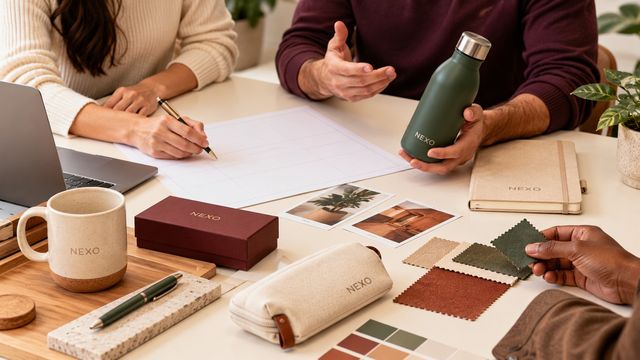Mesa com amostras de brindes, caderno e materiais de planejamento.