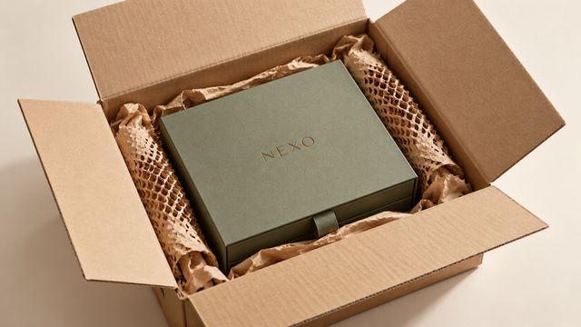 Caixa verde de apresentação dentro de caixa externa kraft com proteção de papel.