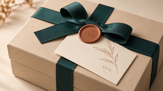 Caixa clara com fita verde, cartão e lacre terracota ELO em relevo.