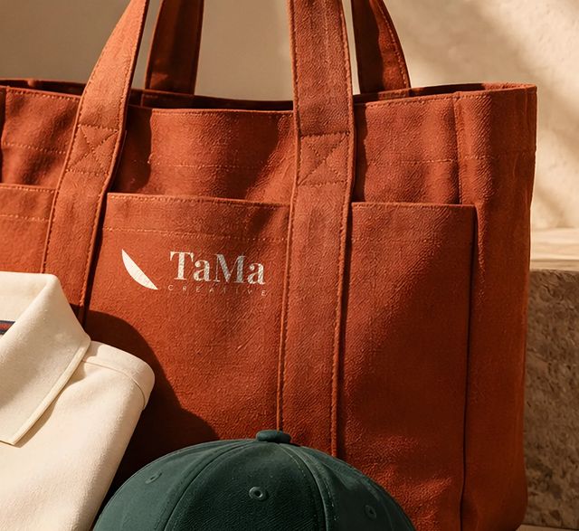 Bolsa de lona terracota em close, com a assinatura TaMa Creative em silk creme no bolso frontal. Mockup ilustrativo.
