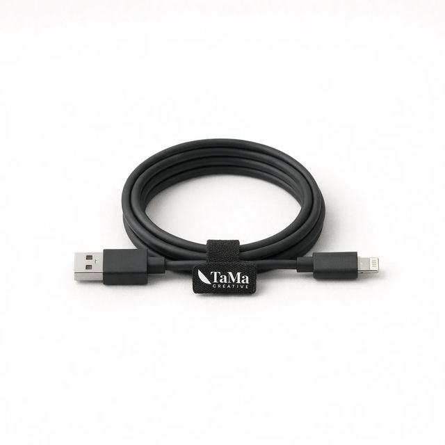 Cabo USB preto enrolado com presilha, com a marca TaMa em branco na presilha.