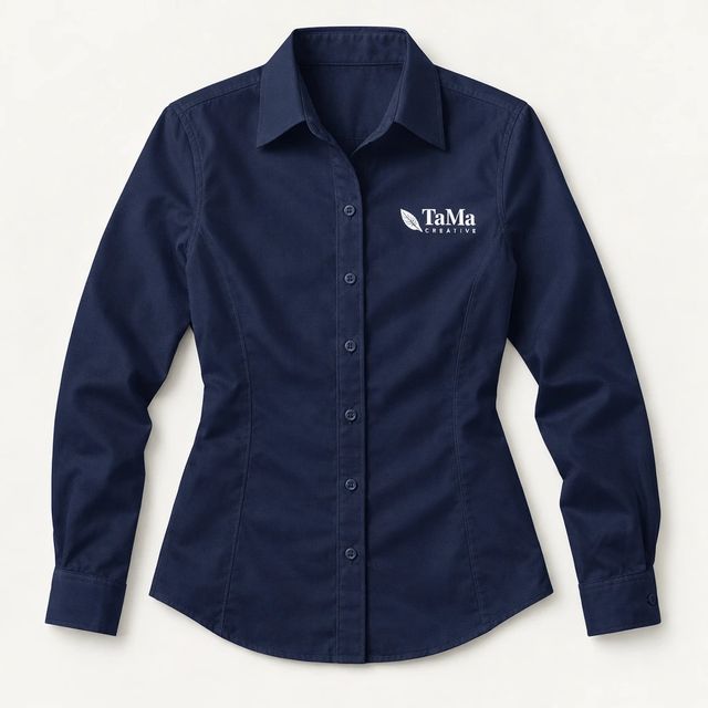 Camisa feminina de manga longa, na cor azul-marinho, com a marca TaMa bordada no peito em linha branca.