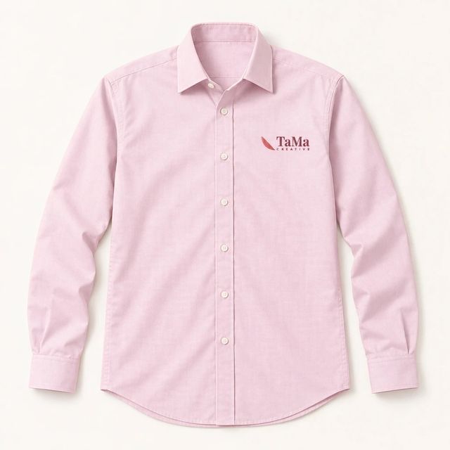 Camisa masculina de manga longa, na cor rosa-claro, com a marca TaMa bordada no peito.