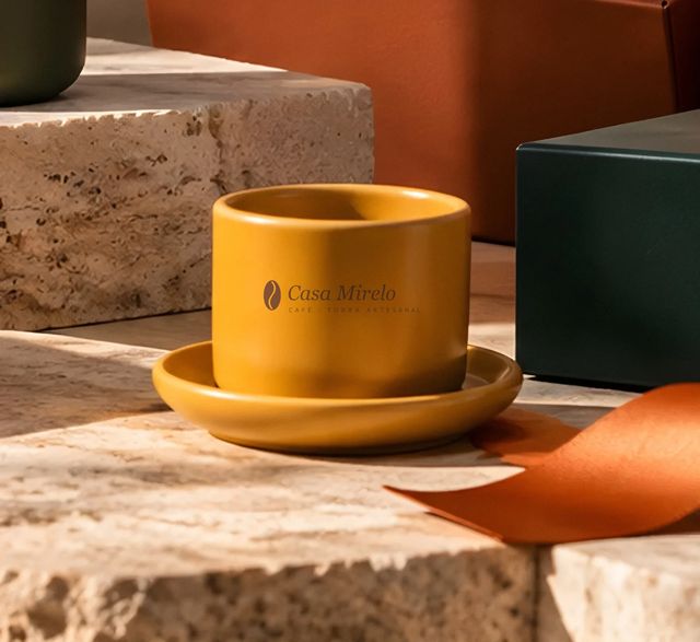 Caneca de cerâmica mostarda sobre pires, com a marca Casa Mirelo aplicada em marrom no corpo, sobre degraus de travertino. Mockup ilustrativo com marca fictícia.