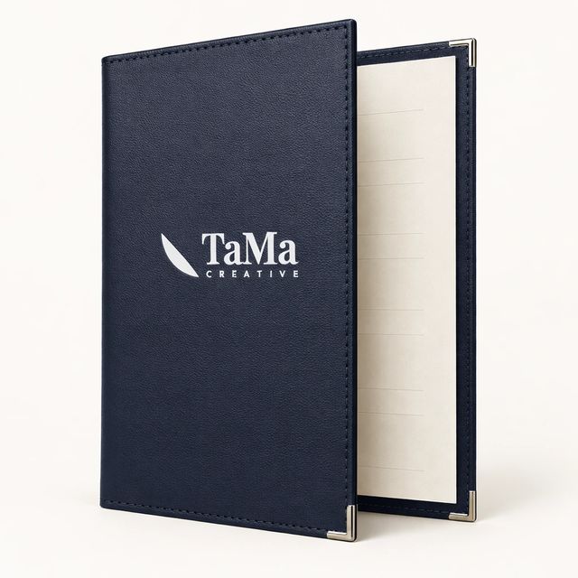 Capa de cardápio aberta, com cantoneiras, na cor azul-marinho, com a marca TaMa na capa.