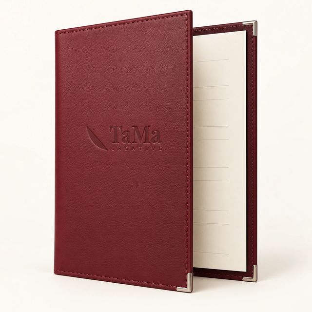 Capa de cardápio bordô com cantoneiras metálicas e a marca TaMa em baixo-relevo.
