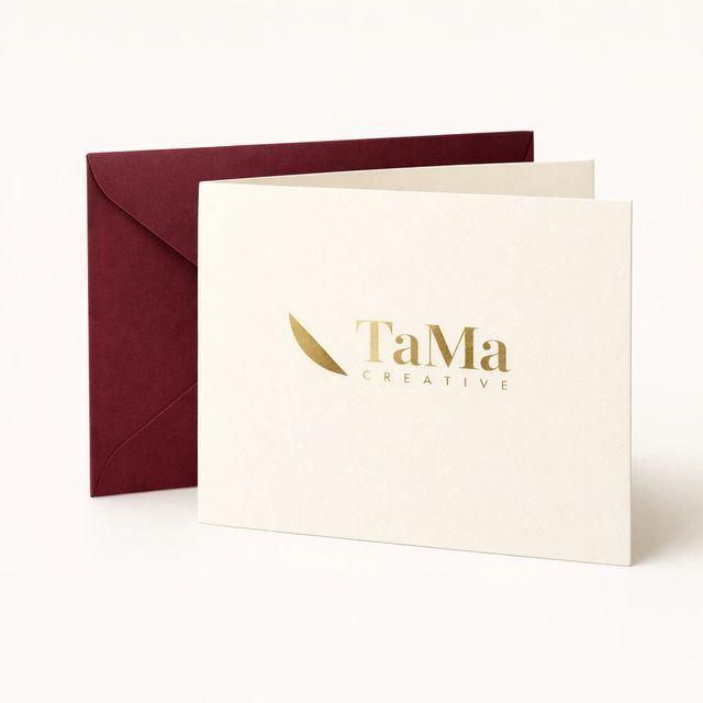 Cartão creme com a marca TaMa em dourado, ao lado do envelope bordô.