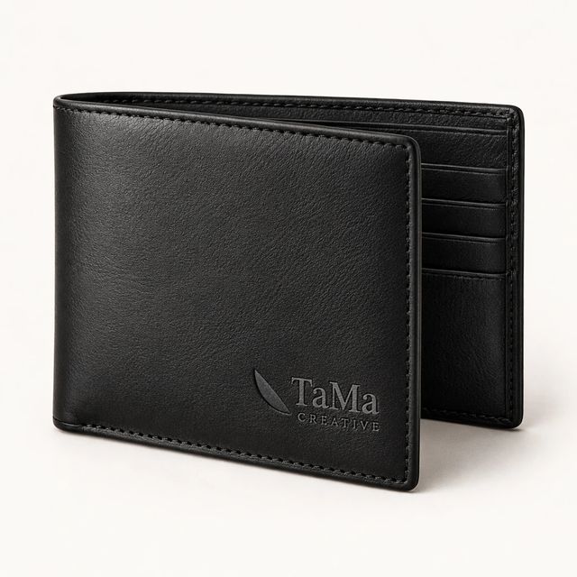 Carteira de couro preta com a marca TaMa em baixo-relevo.