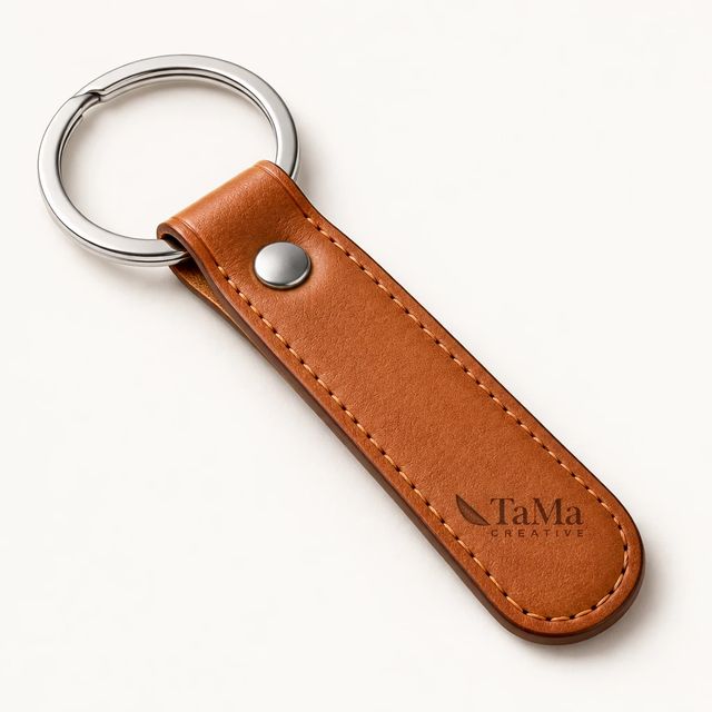 Chaveiro em couro caramelo com argola e a marca TaMa em baixo-relevo.