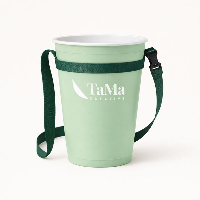 Copo verde com cordão porta-copo e a marca TaMa em branco.