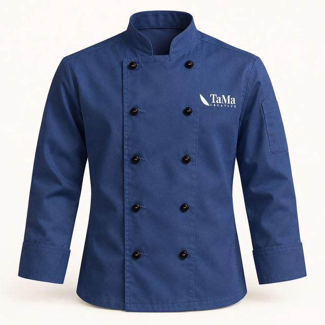 Dólmã de chef com botões pretos, na cor jeans, com a marca TaMa no peito.