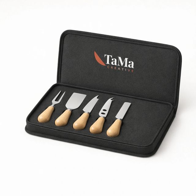 Estojo preto aberto com cinco utensílios de queijo de cabo arredondado em tom natural, com a marca TaMa na tampa.
