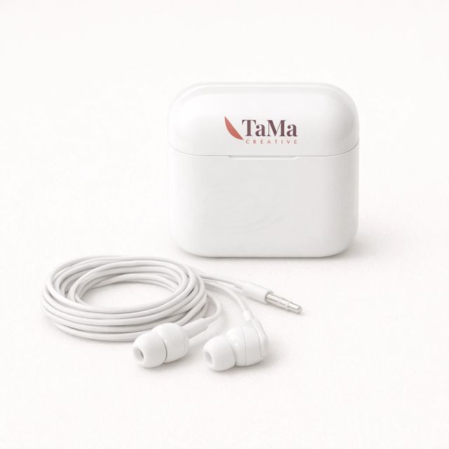 Estojo quadrado branco com fones intra-auriculares com fio, com a marca TaMa nas cores oficiais na tampa.