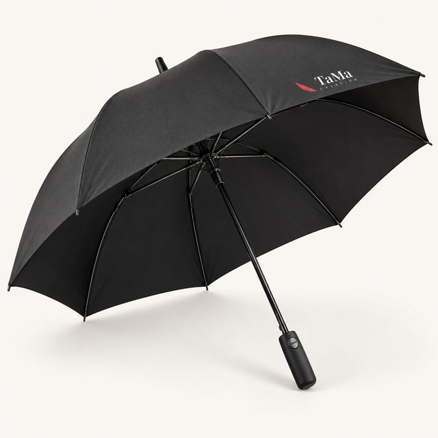 Guarda-chuva automático preto com a marca TaMa em um gomo.