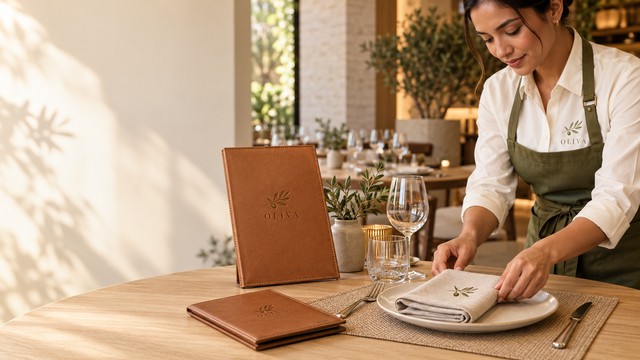Garçonete de camisa branca e avental verde-oliva com a marca fictícia Oliva arruma o guardanapo bordado num prato; na mesa, cardápio e porta-contas caramelo com a marca gravada, taças e jogo americano, num restaurante iluminado.