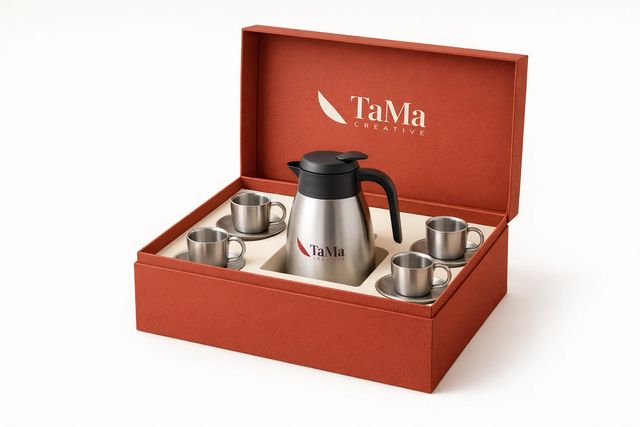 Kit Café: Garrafa térmica e quatro xícaras com pires, na caixa terracota com berço.