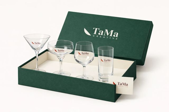 Kit Coquetel: Taça martini, taça margarita, taça de gin e copo long drink, com caixa e cartão.