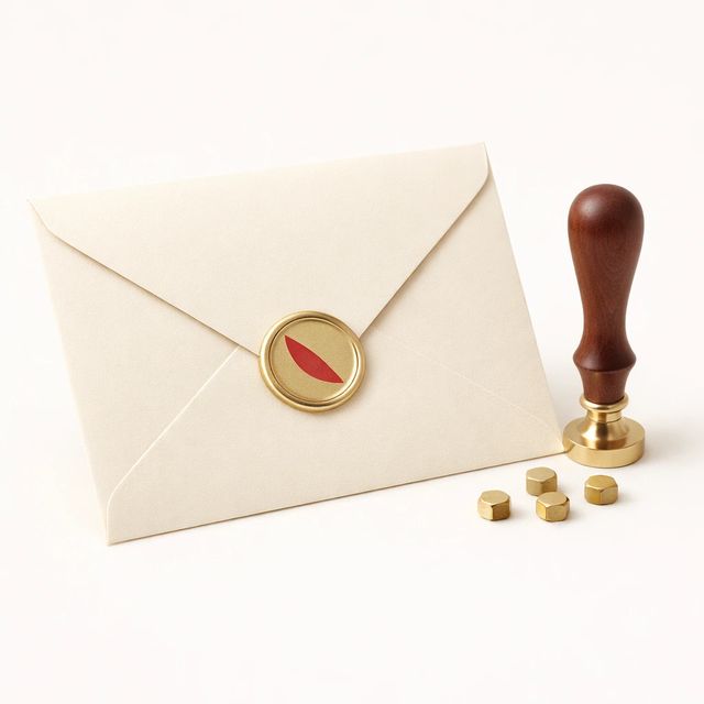 Envelope creme fechado com lacre de cera dourado com o símbolo TaMa, ao lado do carimbo.