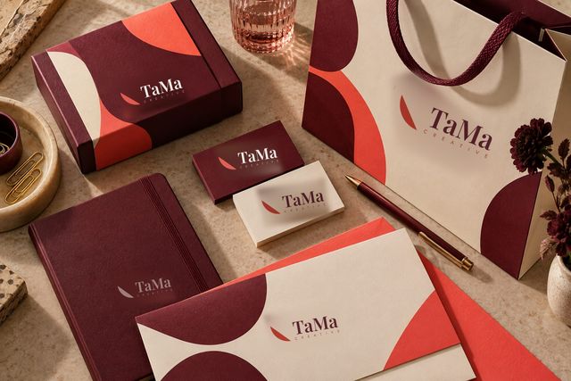 Aplicação da identidade TaMa Creative em caixa, sacola, cartões, caderno e envelope.