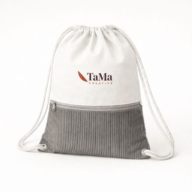 Mochila saco com parte superior branca e parte inferior canelada cinza, bolso com zíper e cordões brancos, com a marca TaMa nas cores oficiais na parte branca.