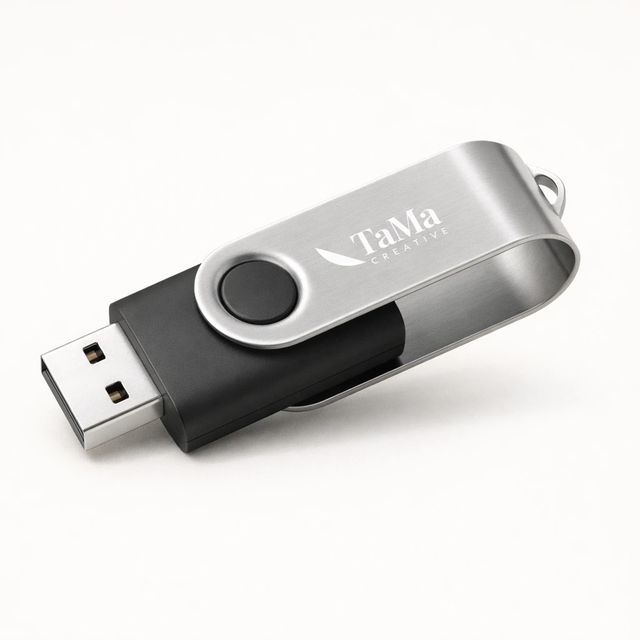 Pen drive giratório preto com tampa prateada e a marca TaMa em branco.