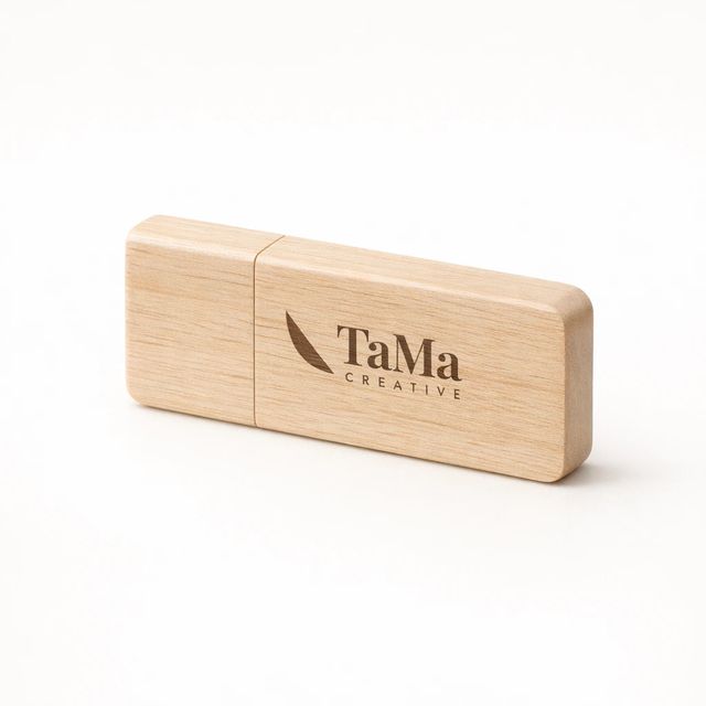 Pen drive em tom natural com tampa e a marca TaMa gravada tom sobre tom.