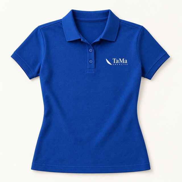 Polo feminina azul royal com a marca TaMa bordada no peito.