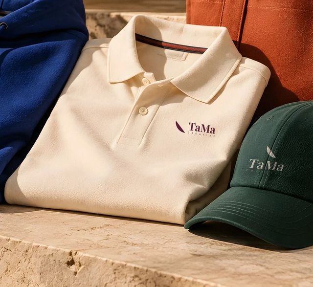 Camisa polo off-white dobrada com a assinatura TaMa Creative bordada em vinho no peito esquerdo, ao lado de um boné verde com a assinatura bordada em creme. Mockup ilustrativo.