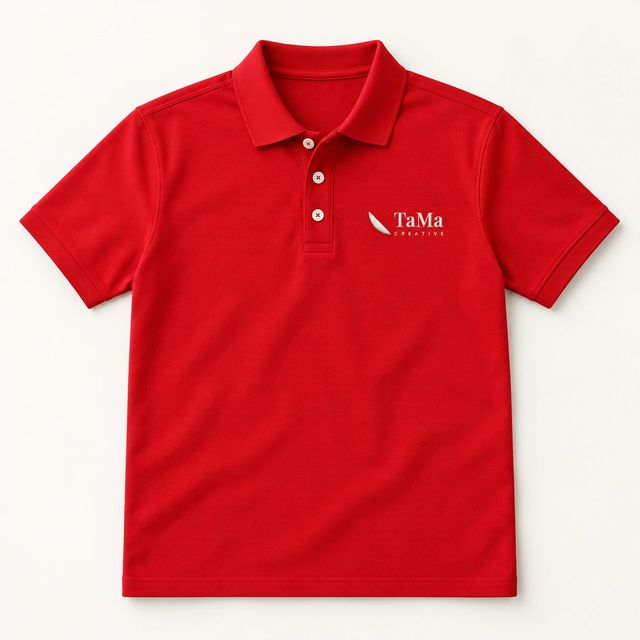 Polo masculina vermelha com a marca TaMa bordada no peito.