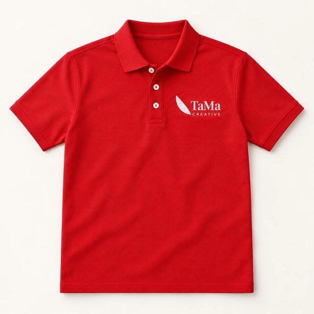 Camisa polo masculina, na cor vermelha, com a marca TaMa no peito.