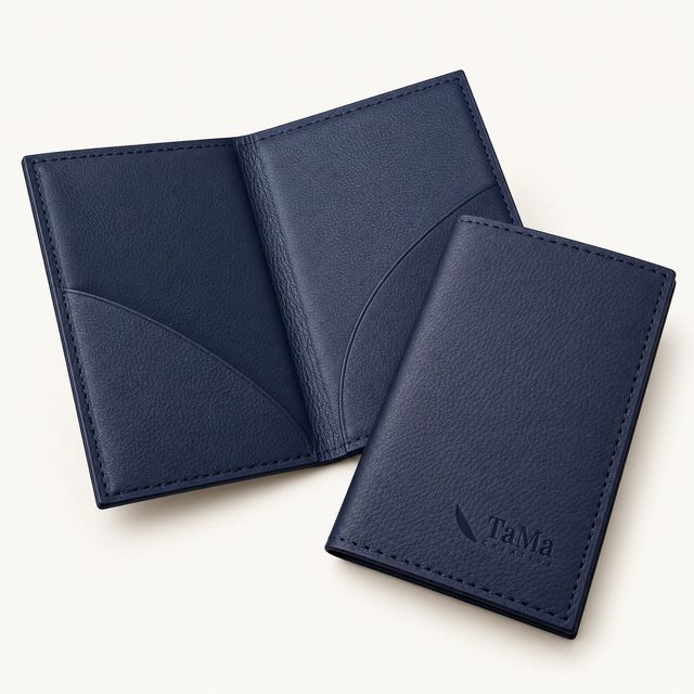 Porta-contas dobrável azul-marinho com a marca TaMa em baixo-relevo.