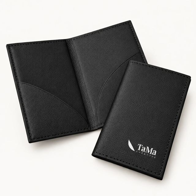 Porta-contas dobrável aberto e fechado, na cor preta, com a marca TaMa na capa.