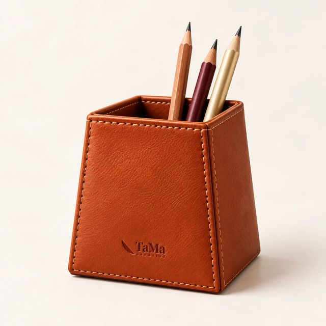Porta-lápis quadrado em couro caramelo com a marca TaMa.