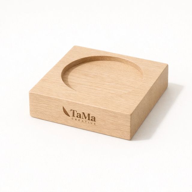 Suporte quadrado em tom natural com rebaixo circular no topo, com a marca TaMa gravada na lateral.