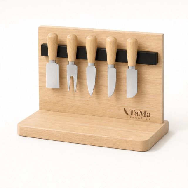 Suporte em tom natural com faixa preta segurando cinco facas de queijo, com a marca TaMa gravada na base.