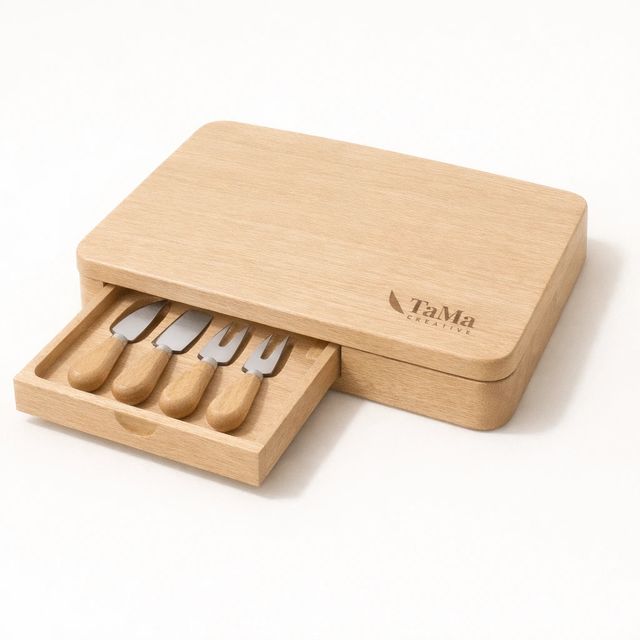 Tábua de queijos em tom natural com gaveta aberta mostrando quatro utensílios, com a marca TaMa gravada na tábua.